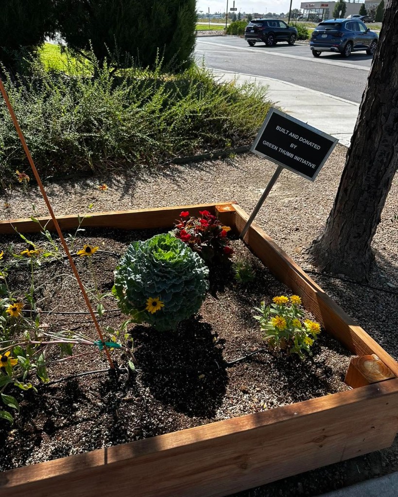 Equity and Access Green Thumb Initiative donated raised garden bed with program sign