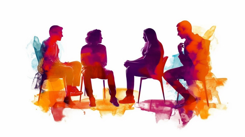 Behavioral Health Green Thumb Initiative illustration of people gathered in supportive conversation